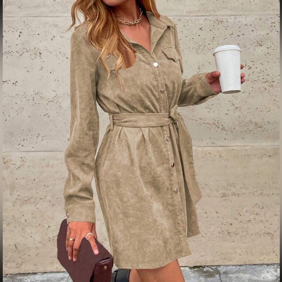 Corduroy belted button down skirt dress - Picture 2 of 7